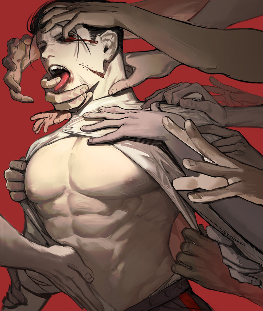 1boy abs black_hair black_sclera bleeding blood colored_sclera facial_hair fang finger_in_another's_mouth fingernails golden_kamuy grabbing groping hair_slicked_back hair_strand hand_on_another's_arm hand_on_another's_head hand_on_another's_neck hand_on_another's_shoulder hand_on_another's_stomach highres long_sleeves male_focus midomido muscular muscular_male navel nipples ogata_hyakunosuke open_clothes open_mouth open_shirt out_of_frame partially_unbuttoned reaching red_background scar scar_on_cheek scar_on_face shirt shirt_tucked_in short_hair sideburns simple_background solo_focus strangling stubble tearing_clothes tongue tongue_out torn_clothes undercut upper_body white_shirt