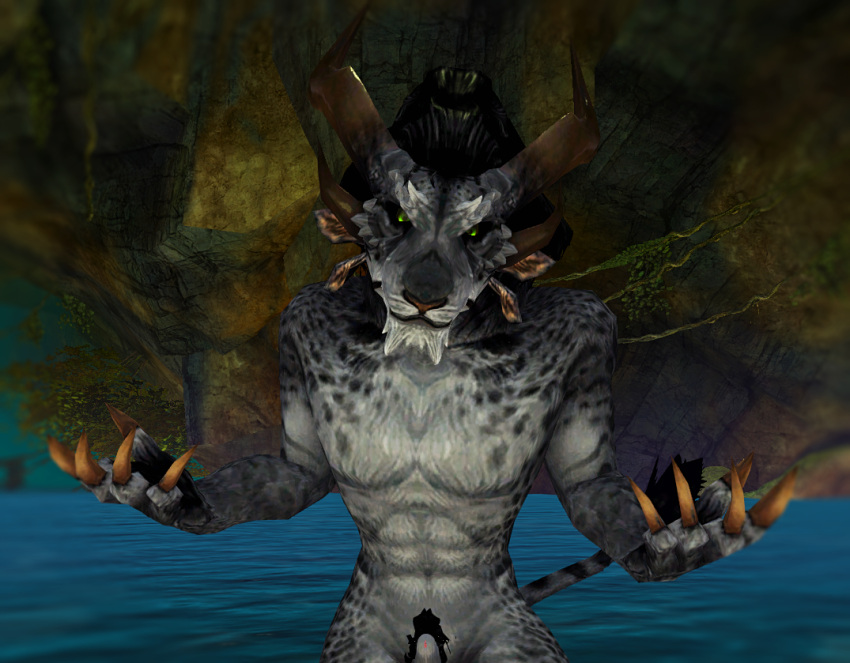 4_ears animal_genitalia anthro charr claws felid fur genitals guild_wars hair male mammal multi_ear nude pubic_fuzz screenshot_edit sheath solo