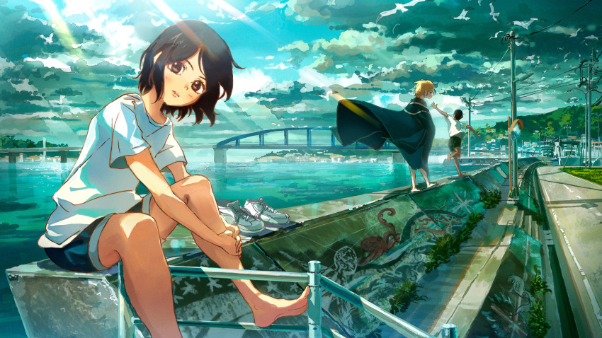 1girl 2boys absurdres bangs bare_legs barefoot bird black_cape black_eyes black_hair black_shorts blonde_hair bridge cape character_request closed_mouth cloud cloudy_sky copyright_request dark-skinned_male dark_skin day graffiti grass hands_on_own_leg harbor hayateluc highres looking_at_viewer moss mountainous_horizon multiple_boys ocean outdoors parted_bangs power_lines road seagull shirt shoes shoes_removed short_hair short_sleeves shorts sitting sky sneakers standing standing_on_one_leg sun sunlight t-shirt white_bird white_shirt