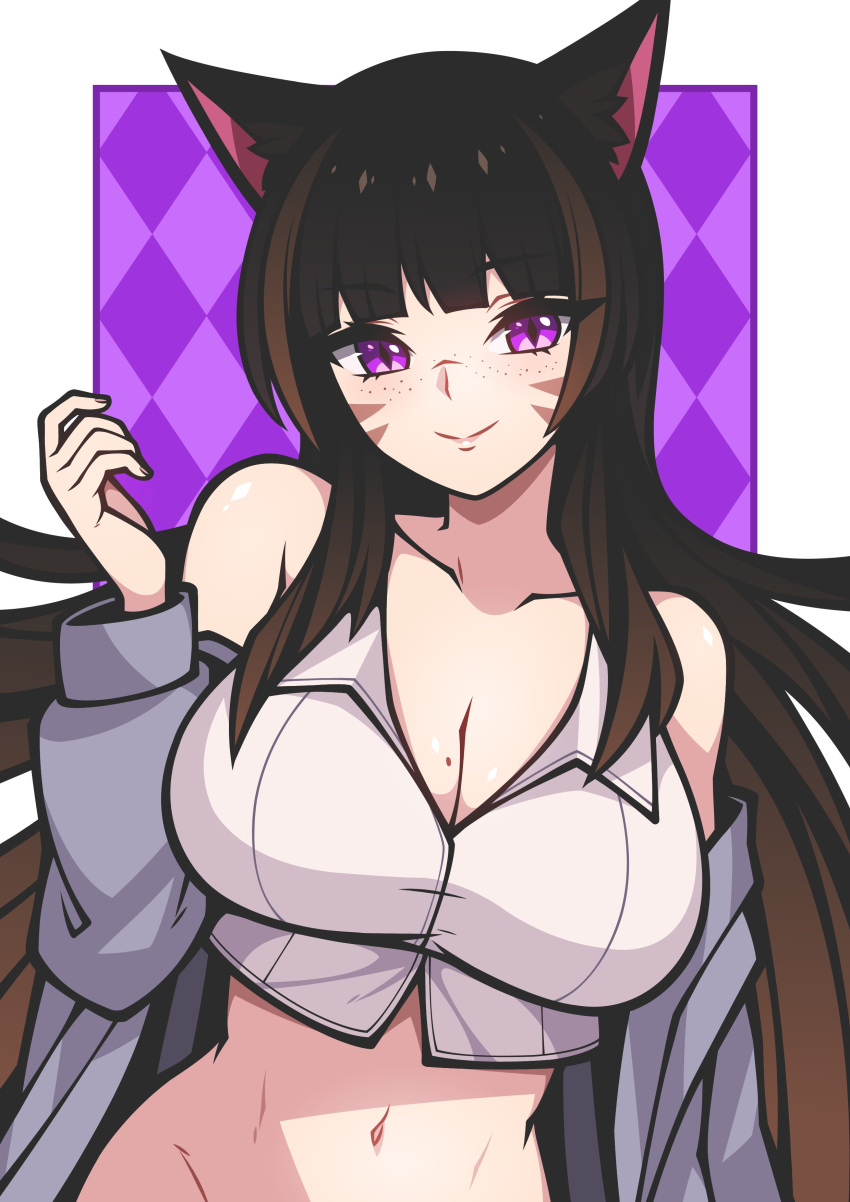 1girl absurdres animal_ears bacon_strips black_hair blush breasts brown_hair cleavage closed_mouth commission facial_mark final_fantasy final_fantasy_xiv freckles highres large_breasts long_hair looking_at_viewer miqo'te mole mole_on_breast multicolored_hair navel smile solo upper_body