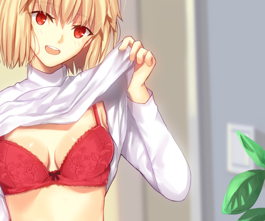 1girl arcueid_brunestud bangs blonde_hair blurry blurry_background blush bow bow_bra bra breasts cleavage clothes_lift iro_(sekaixiro) lace-trimmed_bra lace_trim long_sleeves looking_at_viewer medium_breasts open_mouth red_eyes round_teeth shirt shirt_lift short_hair smile solo sweater teeth tsukihime tsukihime_(remake) underwear upper_body upper_teeth_only white_sweater