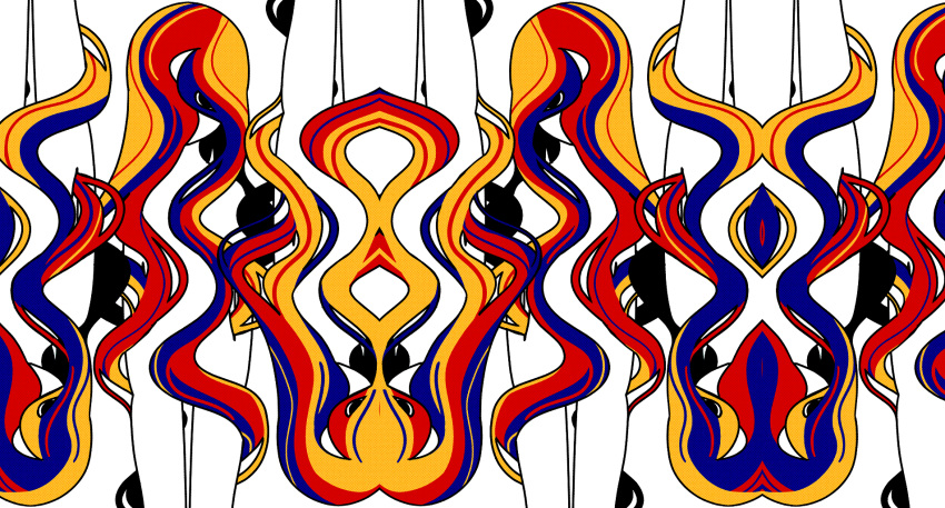 6+girls abstract blonde_hair blue_hair colored_skin colorful commentary facing_viewer feet_out_of_frame hair_over_eyes highres long_hair multicolored_hair multiple_girls nude original red_hair simple_background standing symmetry upside-down very_long_hair wavy_hair white_background white_skin wokichi