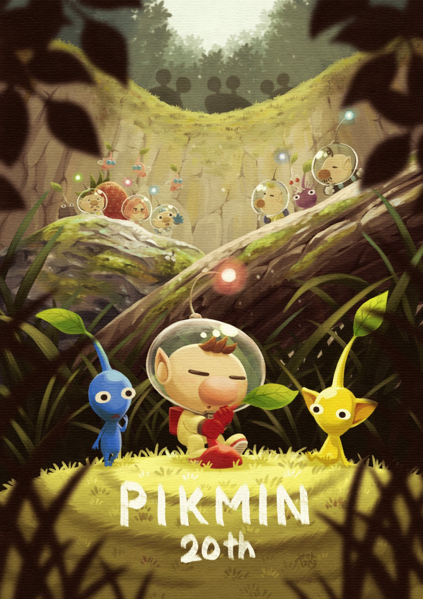 1girl 5boys :o alph_(pikmin) anniversary antennae big_nose blonde_hair blue_gloves brittany_(pikmin) brown_hair bulborb charlie_(pikmin) closed_eyes closed_mouth copyright_name facial_hair food fruit glasses gloves grass helmet highres koaraymt leaf louie_(pikmin) moss multiple_boys mustache olimar open_mouth outdoors pikmin pikmin_(creature) pikmin_(series) pikmin_2 pikmin_3 pink_hair pointy_ears president_(pikmin) red-framed_eyewear red_gloves roots short_hair silhouette sitting space_helmet spacesuit strawberry