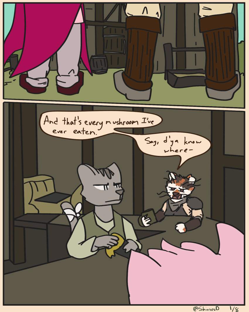 ambiguous_gender anthro bandage bartender calico_cat cleaning_rag comic deacon_(shinxes) domestic_cat drinking felid feline felis gliss_(shinxes) group hi_res mammal shinxes tavern text trio