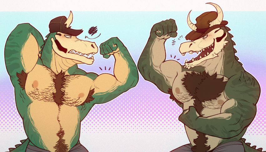 2020 2_horns 5_fingers absurd_res angry anthro armpit_hair belly_hair body_hair brown_hair chest_hair clothed clothing comparing comparing_muscles cowboy_hat crocodile crocodilian crocodylid digital_media_(artwork) duo eye_contact facial_spikes fingers flexing_bicep green_body green_scales hair hand_behind_head hat headgear headwear hi_res horn horn_through_clothing looking_at_another male muscular muscular_anthro muscular_male nipples non-mammal_hair non-mammal_nipples pubes reptile scales scalie sharp_teeth smile smirk spikes spikes_(anatomy) tail tail_ridge teeth tony's_dad_(xeoniios) tony_(xeoniios) topless topless_anthro topless_male xeoniios