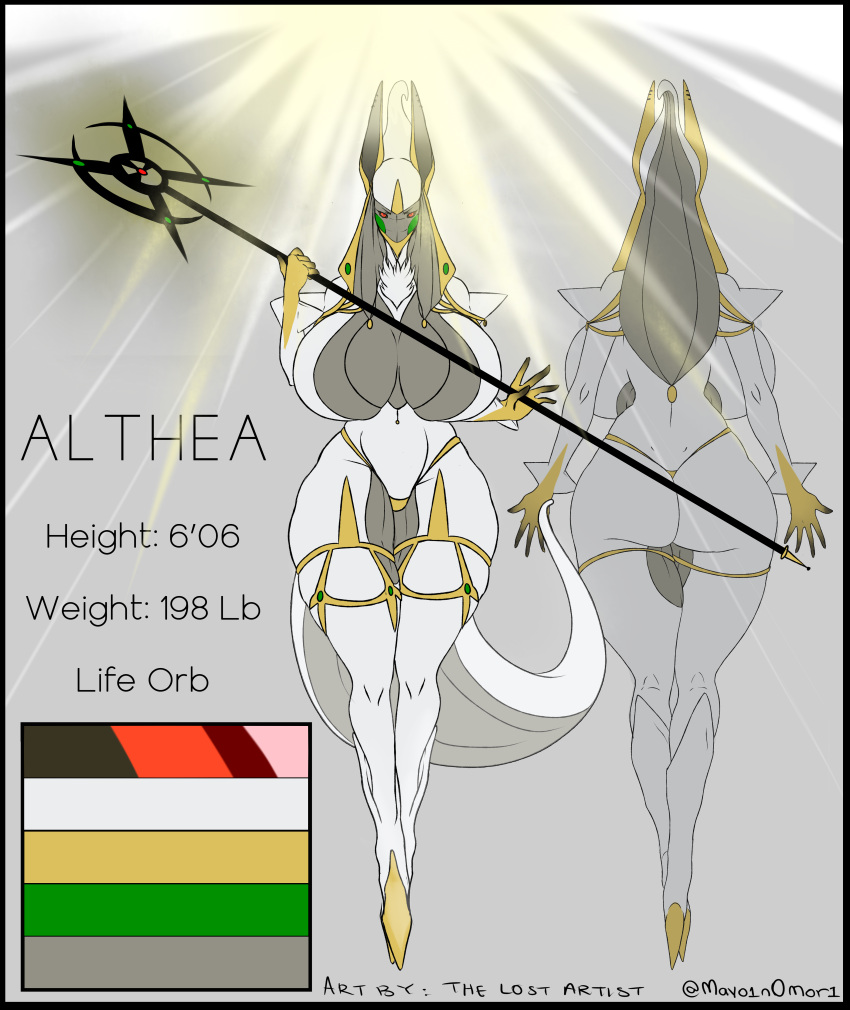 2022 absurd_res anthro anubis arceus big_breasts big_butt black_body black_sclera breasts butt character_name deity egyptian_mythology female fusion generation_4_pokemon hi_res huge_breasts legendary_pokemon looking_at_viewer mask measurements middle_eastern_mythology multicolored_body mythology nintendo not_furry palette pokemon pokemon_(species) pokemon_fusion red_eyes scepter solo staff two_tone_body wide_hips zacianswords