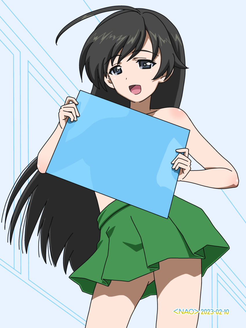 1girl ahoge artist_name bangs black_eyes black_hair commentary_request cowboy_shot dated english_text girls_und_panzer green_skirt half-closed_eyes highres isuzu_hana long_hair looking_at_viewer miniskirt naotosi open_mouth pleated_skirt skirt smile solo standing topless