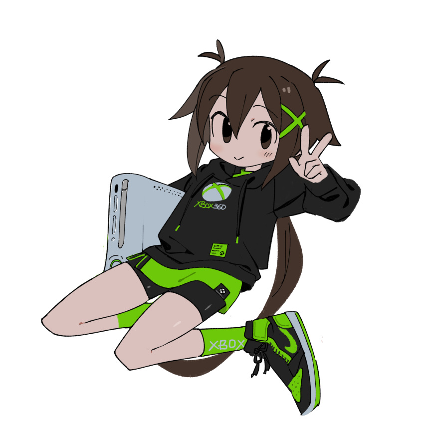 1girl :&gt; bangs bike_shorts black_hoodie brown_eyes brown_hair carrying carrying_under_arm feet_up game_console green_shirt green_socks hair_between_eyes hair_flaps hair_ornament hand_up highres holding hood hood_down hoodie kokaki_mumose kuroshio_current light_blush logo long_hair looking_at_viewer low_ponytail nagi_akasa print_hoodie shirt shoes simple_background smile sneakers socks solo very_long_hair w white_background x_hair_ornament xbox_360