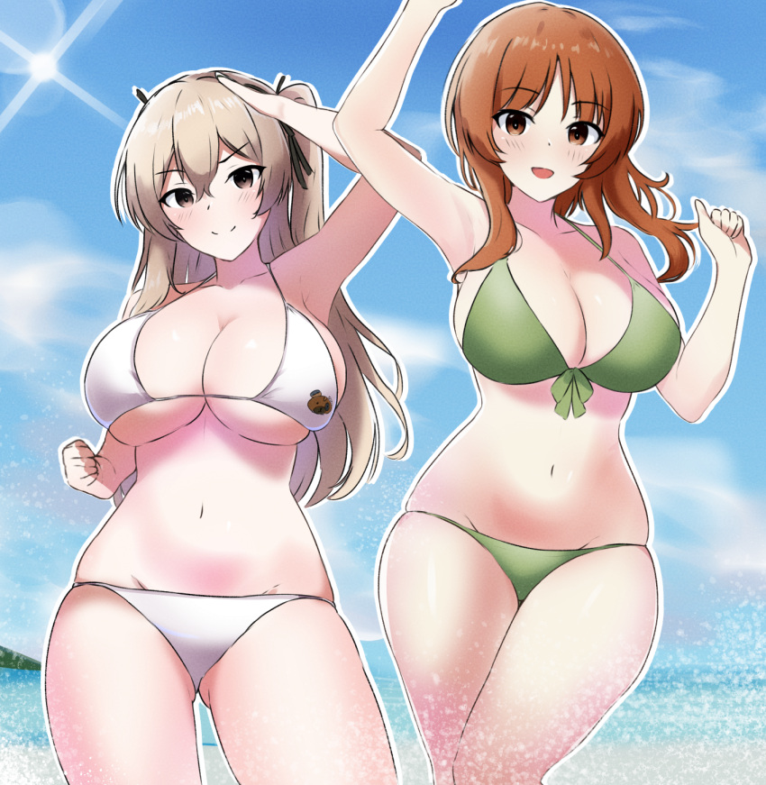 aged_up alternate_hair_length alternate_hairstyle arm_up armorganger armpits bangs beach bear_girl bikini black_ribbon blue_sky boko_(girls_und_panzer) breasts brown_eyes brown_hair cleavage clenched_hand cloud cloudy_sky commentary day front-tie_bikini_top front-tie_top girls_und_panzer green_bikini groin hair_ribbon halterneck highres horizon large_breasts light_blush light_brown_hair long_hair looking_at_viewer medium_hair navel nishizumi_miho ocean one_side_up open_mouth outdoors outline ribbon salute shimada_arisu short_hair side-by-side sky smile standing sun swimsuit white_bikini white_outline