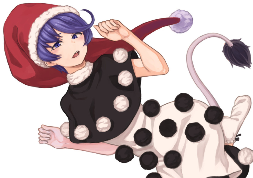 1girl bangs black_capelet capelet commentary_request doremy_sweet dress hat kakone looking_at_viewer nightcap open_mouth pom_pom_(clothes) purple_eyes purple_hair red_headwear santa_hat short_hair simple_background solo tail tapir_tail teeth touhou upper_teeth_only white_background white_dress