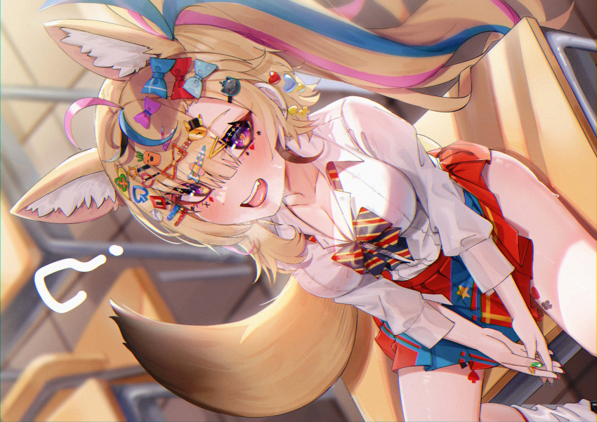 1girl ? absurdres ahoge animal_ear_fluff animal_ears blurry blurry_background breasts bu_leike cleavage desk dutch_angle extra_ears film_grain fox_ears fox_girl fox_tail gyaru hair_ornament highres hololive leg_warmers long_hair long_sleeves looking_at_viewer medium_breasts miniskirt multicolored_hair multicolored_nails nail_polish omaru_polka on_desk open_mouth pleated_skirt ponytail red_skirt school_uniform sitting sitting_on_desk skirt smile solo streaked_hair tail too_many_hairclips very_long_hair virtual_youtuber