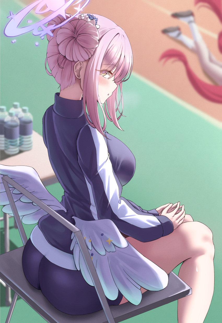 1girl :o absurdres angel_wings ass bangs blue_archive blue_jacket blue_shorts blush breasts chair deriolet double_bun folding_chair gym_uniform hair_bun halo highres jacket junko_(blue_archive) large_breasts long_hair long_sleeves looking_back low_wings mika_(blue_archive) own_hands_together pink_hair short_shorts shorts sidelocks sitting skindentation solo_focus thighs track_jacket wings yellow_eyes