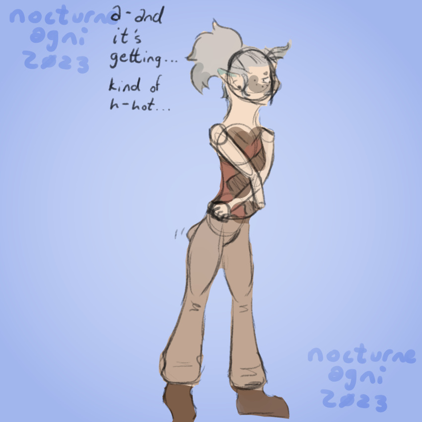 blue_body blue_skin bulge clothing comic female grey_hair hair hi_res humanoid nocturneagni pale_skin simple_background simple_coloring solo tail_bulge transformation transformation_sequence undressing