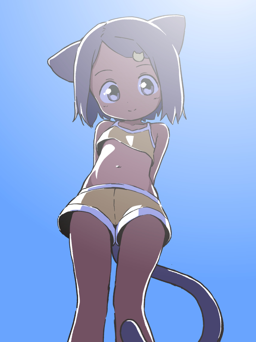 1girl animal_ears arms_behind_back asymmetrical_bangs bangs bare_shoulders blue_sky bob_cut cat_ears cat_hair_ornament cat_tail closed_mouth collarbone day dot_nose feet_out_of_frame flat_chest from_below grey_eyes grey_hair hair_ornament highres light_blush light_smile looking_at_viewer looking_down medium_hair navel orenji_(wholesomeorenji) original parted_bangs short_shorts shorts sky solo spaghetti_strap split_mouth standing straight_hair swept_bangs tail tan tanlines yellow_crop_top yellow_shorts