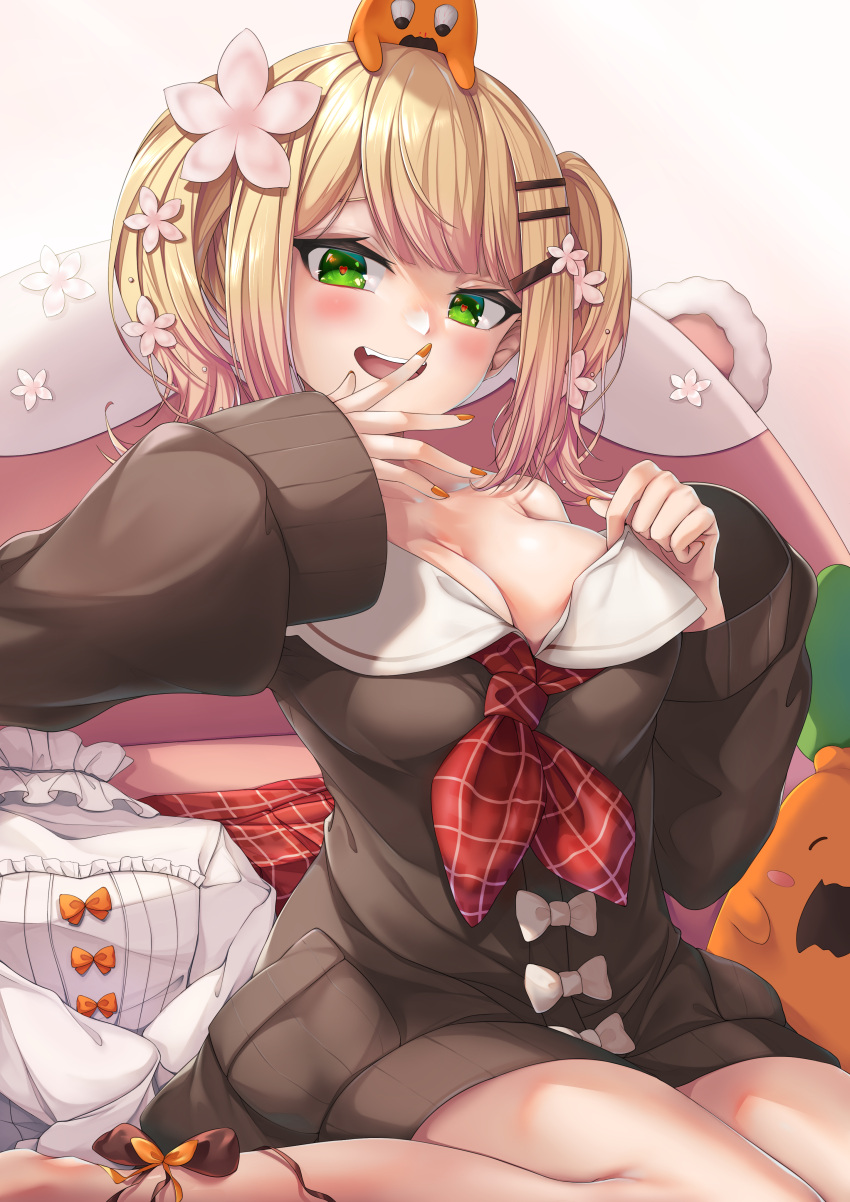 1girl absurdres blonde_hair breasts brown_cardigan cardigan cleavage commentary_request covering_mouth dincat fang flashing flower green_eyes hair_flower hair_ornament hairclip hand_over_own_mouth highres hololive large_breasts looking_at_viewer medium_hair momosuzu_nene naked_cardigan neckerchief nekko_(momosuzu_nene) no_bra no_pants official_alternate_costume official_alternate_hair_length official_alternate_hairstyle ojou-sama_pose on_bed open_cardigan open_clothes red_neckerchief sailor_collar shirt_removed single_bare_shoulder sitting skirt skirt_removed smug solo twintails undressing virtual_youtuber wariza white_sailor_collar