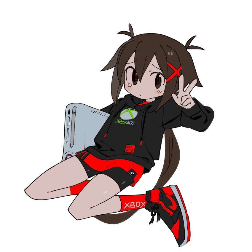 1girl bangs bike_shorts black_hoodie brown_eyes brown_hair carrying carrying_under_arm english_commentary feet_up floating frown furrowed_brow game_console hair_between_eyes hair_flaps hair_ornament hand_up highres hood hood_down hoodie kokaki_mumose kuroshio_current long_hair long_sleeves low_ponytail nagi_akasa print_hoodie raised_eyebrows red_ring_of_death red_shirt red_socks sad shirt shoes sneakers socks solo tearing_up very_long_hair w x_hair_ornament xbox_360