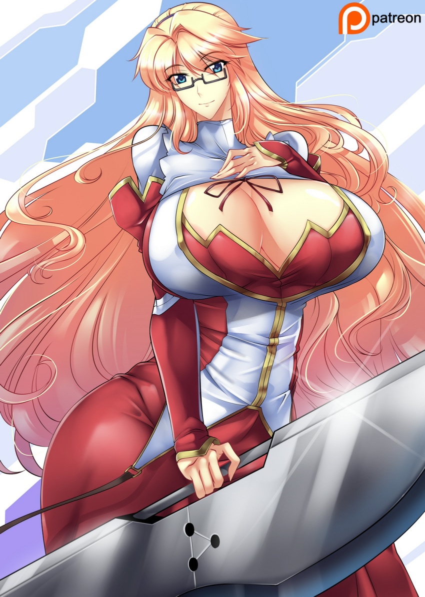 1girl blade blonde_hair blue_eyes breasts cleavage cleavage_cutout clothing_cutout cowboy_shot freezing_(series) glasses haganef highres huge_breasts long_hair looking_at_viewer satellizer_el_bridget semi-rimless_eyewear smile solo very_long_hair