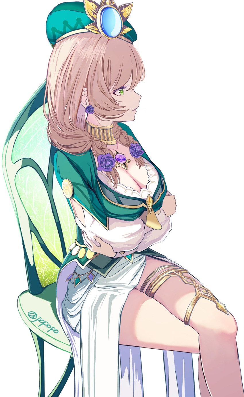 1girl artist_name bare_legs beret braid breasts chair cleavage commentary_request crossed_arms crossed_legs flower from_side genshin_impact green_eyes green_headwear hair_flower hair_ornament hat highres jewelry large_breasts light_brown_hair lisa_(a_sobriquet_under_shade)_(genshin_impact) lisa_(genshin_impact) long_sleeves looking_afar neck_ring official_alternate_costume official_alternate_hairstyle parted_lips pelvic_curtain popopo_(popopo5656) puffy_long_sleeves puffy_sleeves purple_flower purple_rose rose sitting solo thighlet twin_braids vision_(genshin_impact)