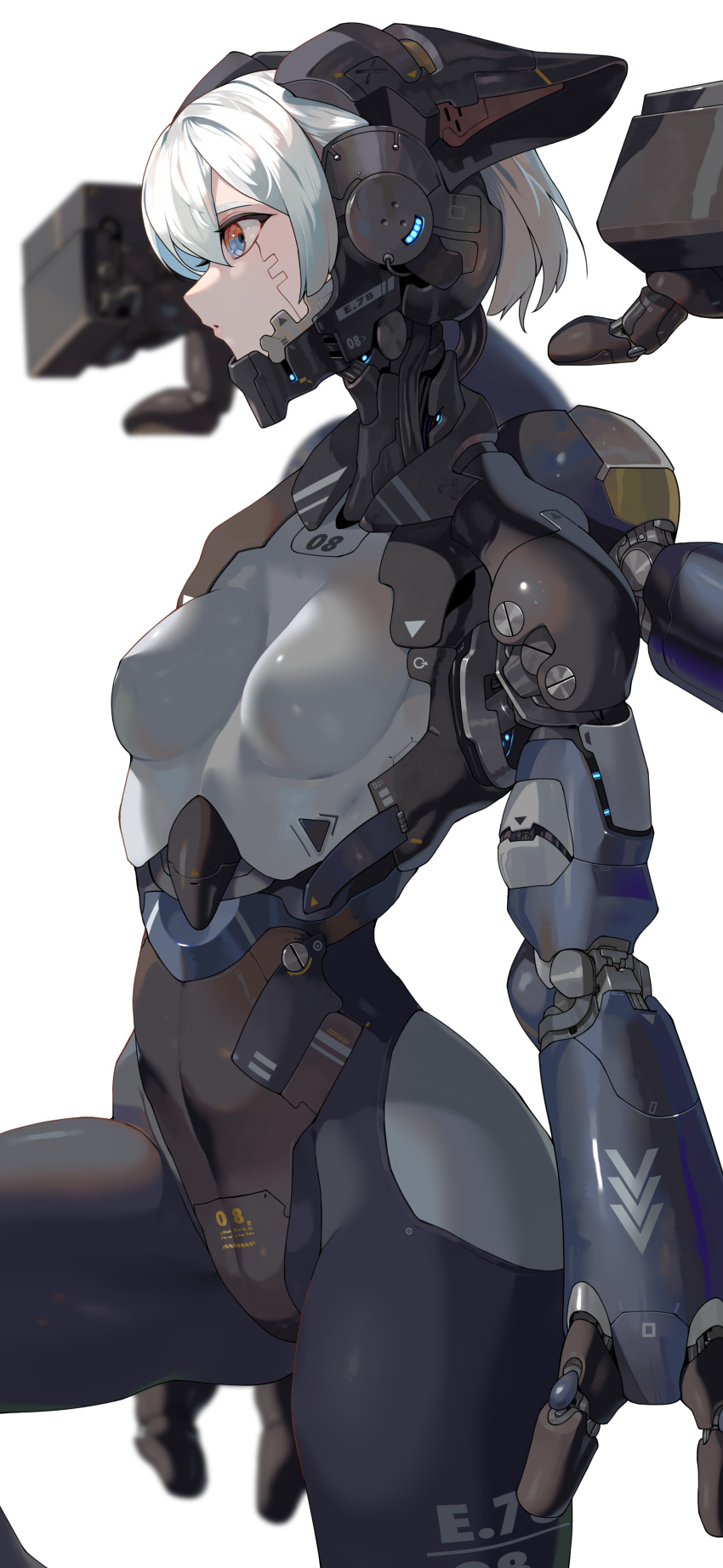 1girl absurdres arms_at_sides blue_eyes breasts cyborg highres joints leg_up mechanical_arms mons_pubis multicolored_eyes orange_eyes original robot_ears robot_joints science_fiction short_hair small_breasts solo tube very_short_hair white_hair yunimaru