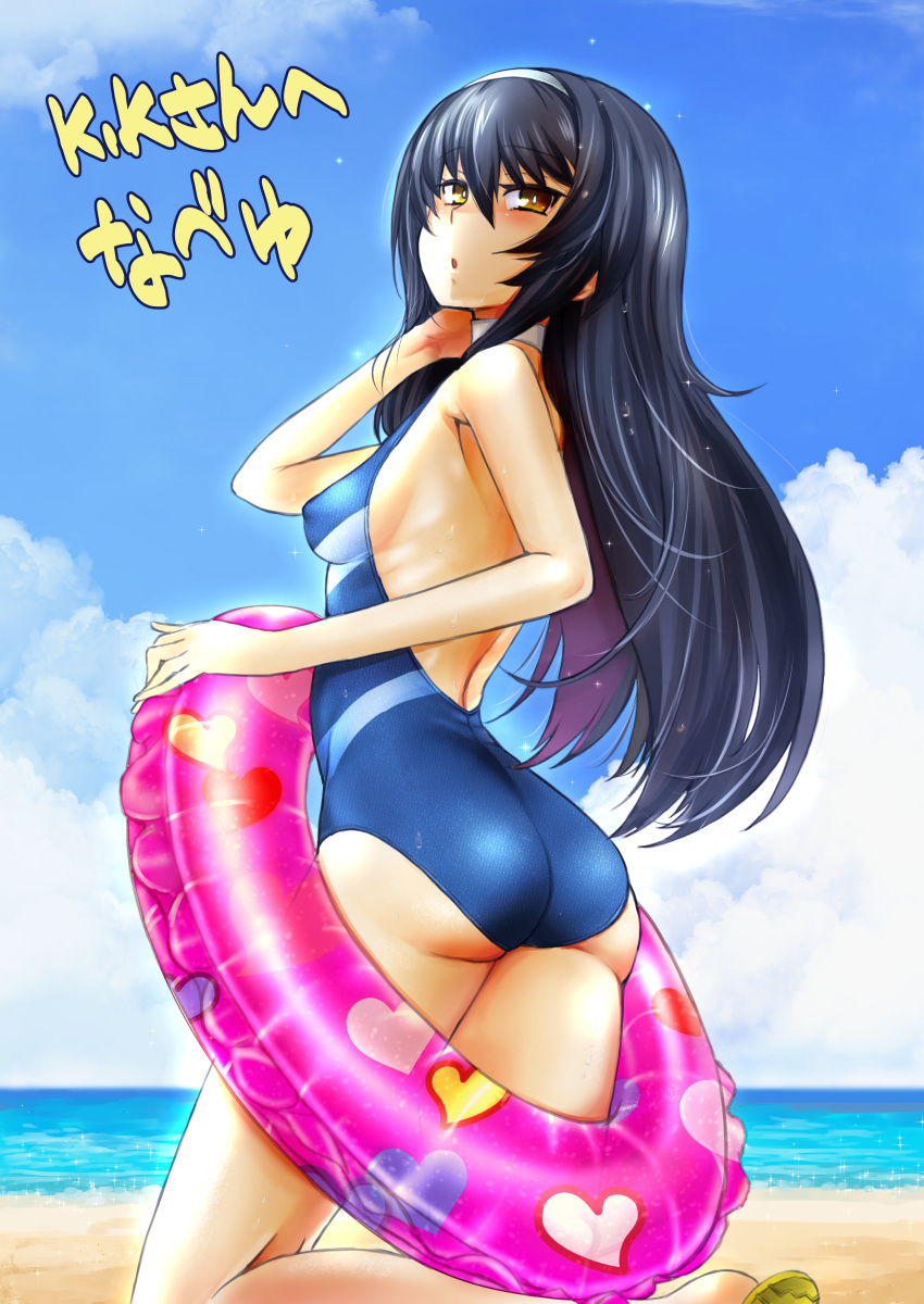 1girl absurdres artist_name ass backless_swimsuit bangs beach black_hair blue_one-piece_swimsuit blue_sky breasts brown_eyes cloud cloudy_sky commentary commission day from_behind full_body girls_und_panzer hairband half-closed_eyes hand_in_own_hair heart heart_print highres holding holding_innertube horizon innertube kneeling long_hair looking_at_viewer looking_back nabeyu ocean one-piece_swimsuit outdoors parted_lips pixiv_commission reizei_mako sandals signature sky small_breasts solo swimsuit translated wet white_hairband yellow_footwear