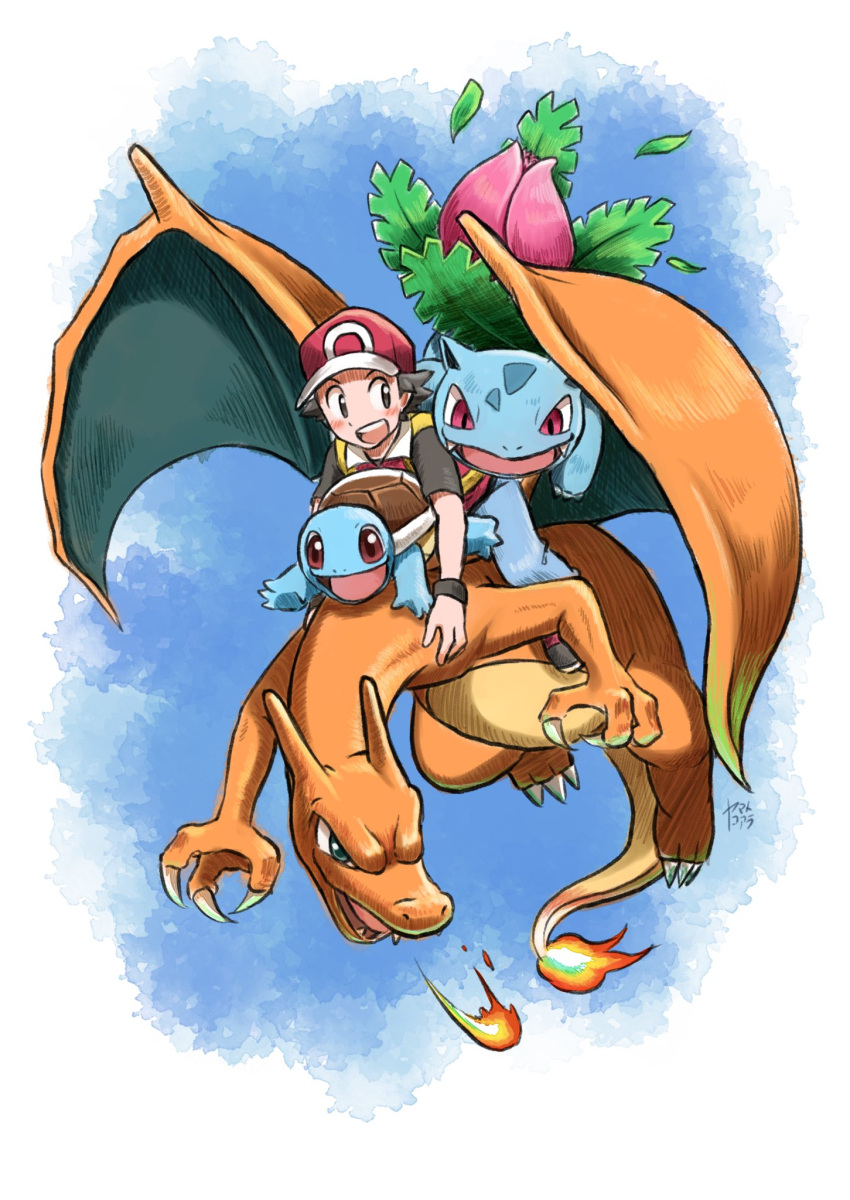1boy :d baseball_cap black_hair blue_background blue_eyes blush breathing_fire brown_eyes charizard claws commentary_request dragon fangs fire flower full_body hat highres ivysaur koaraymt leaf open_mouth pink_flower poke_ball_print pokemon pokemon_(creature) pokemon_(game) pokemon_frlg red_(pokemon) red_eyes red_headwear riding shirt short_hair short_sleeves simple_background smile squirtle super_smash_bros. teeth turtle upper_teeth_only white_background