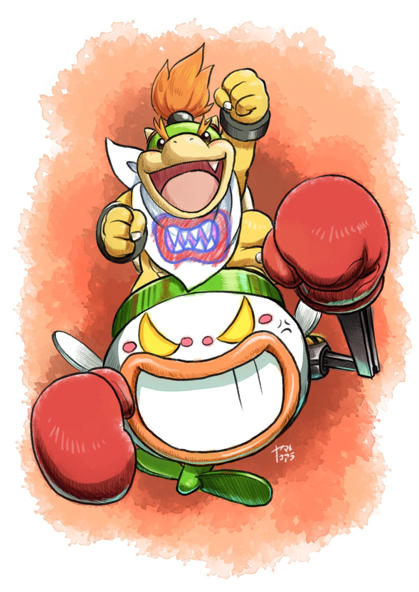 1boy :d anger_vein arm_up artist_name bandana bowser_jr. boxing_gloves bracelet claws commentary_request english_commentary fang full_body gloves grin highres horns jewelry junior_clown_car koaraymt looking_at_viewer mario_(series) mixed-language_commentary open_mouth orange_background red_gloves red_hair simple_background smile solo standing super_smash_bros. teeth v-shaped_eyebrows white_background white_bandana yellow_eyes