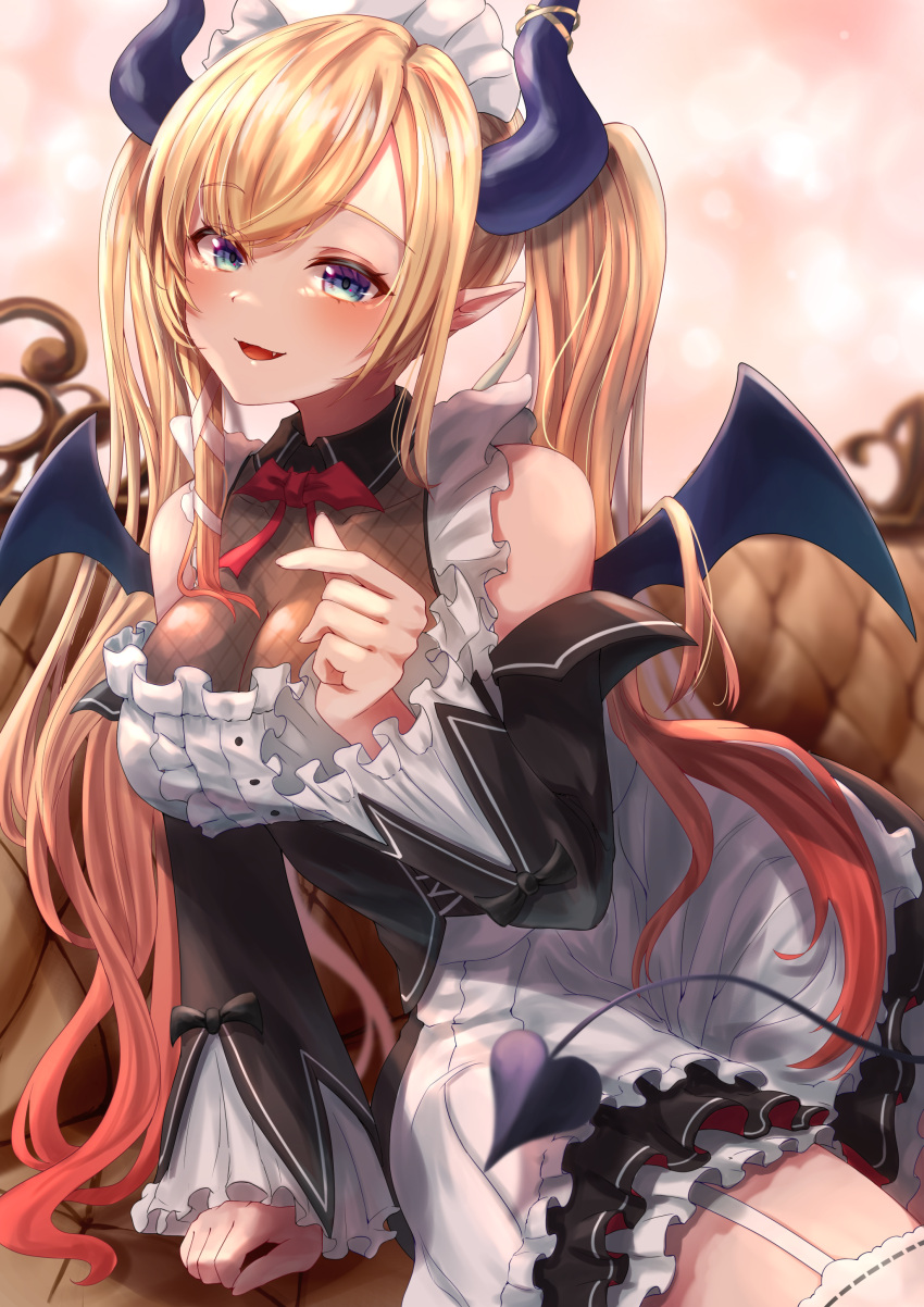 1girl absurdres apron arm_support bare_shoulders black_horns black_skirt black_sleeves blonde_hair blue_eyes breasts center_frills cleavage commentary demon_girl demon_horns demon_tail demon_wings detached_sleeves fang frilled_sleeves frills garter_straps highres hololive horns large_breasts long_hair maid maid_headdress official_alternate_costume official_alternate_hairstyle parted_lips pointy_ears see-through_cleavage shirt sidelocks skirt sleeveless sleeveless_shirt smile solo tail thighhighs thighs twintails virtual_youtuber w_arms white_apron white_garter_straps white_thighhighs wings yam_(yam6056) yuzuki_choco