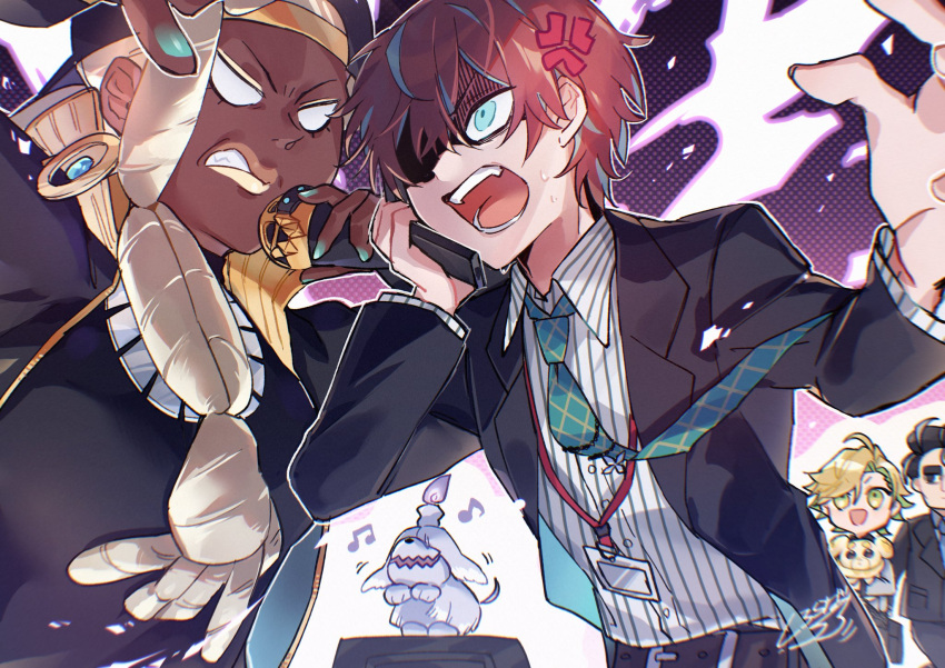 1girl 3boys anger_vein backwards_hat baseball_cap black_eyes black_hair black_jacket blonde_hair blue_eyes dark-skinned_female dark_skin dreadlocks earrings eyeshadow fidough formal hair_between_eyes hat highres holding holding_microphone hypnosis_mic izanami_hifumi jacket jewelry kannonzaka_doppo lanyard larry_(pokemon) long_hair long_sleeves makeup microphone multicolored_hair multiple_boys necktie open_mouth pokemon pokemon_(creature) pokemon_(game) pokemon_sv rapping red_hair ryme_(pokemon) salaryman shiroraba shirt short_hair striped striped_shirt suit track_jacket trait_connection white_hair yellow_eyes