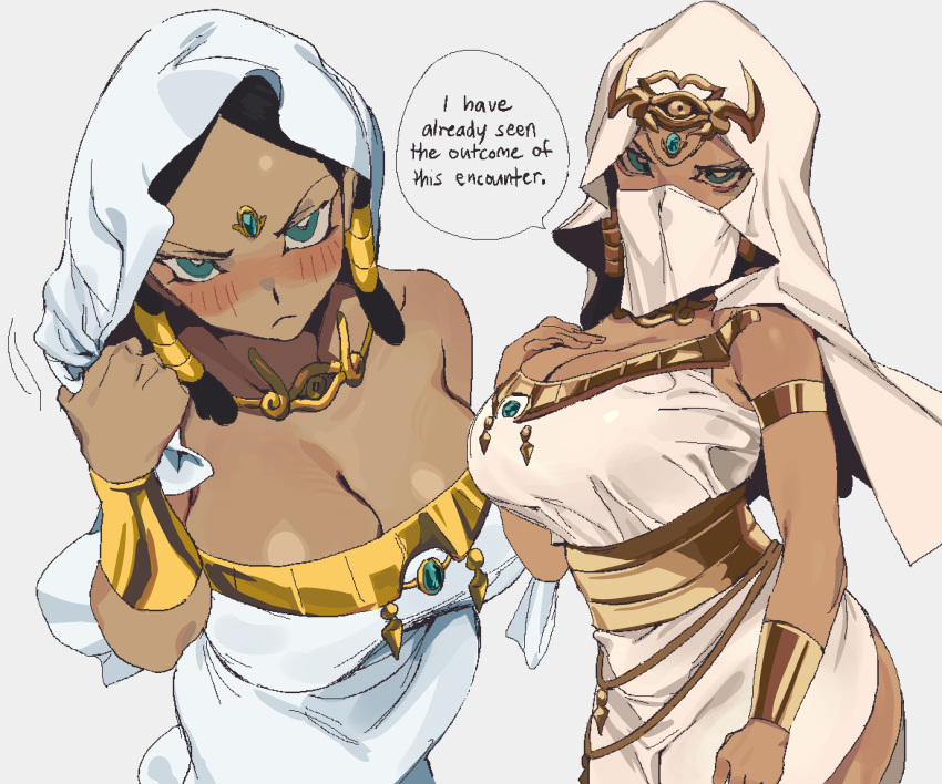 1girl absurdres bare_shoulders black_hair blush breasts cleavage dark-skinned_female dark_skin dress egyptian egyptian_clothes english_text forehead_jewel gold hair_ornament highres hood hood_up ishizu_ishtar jewelry large_breasts long_hair looking_at_viewer millennium_necklace mouth_veil speech_bubble veil white_dress whoopsatro yu-gi-oh! yu-gi-oh!_duel_monsters