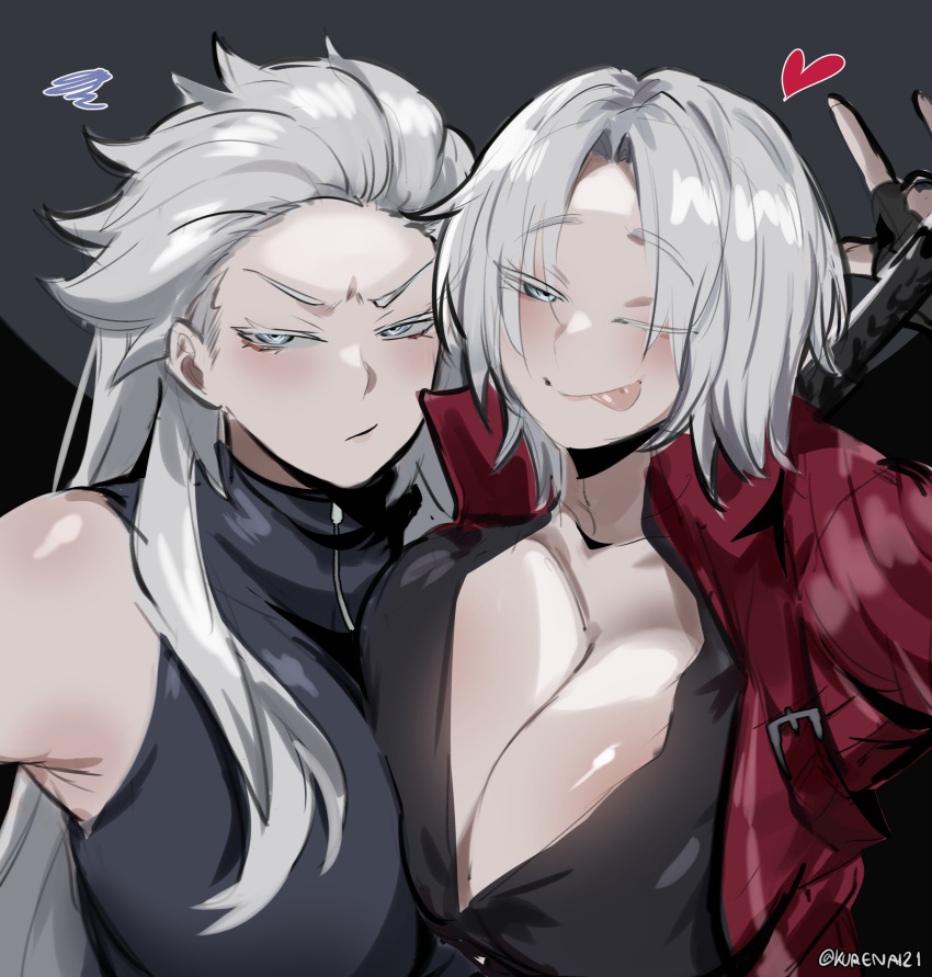 2girls annoyed bangs blue_eyes breasts cleavage dante_(devil_may_cry) devil_may_cry_(series) genderswap genderswap_(mtf) hair_slicked_back heart highres jacket kurenaiz1 large_breasts long_hair looking_at_viewer looking_to_the_side multiple_girls one_eye_closed red_jacket short_hair sidelocks sleeveless sleeveless_jacket tongue twitter_username vergil_(devil_may_cry) white_hair