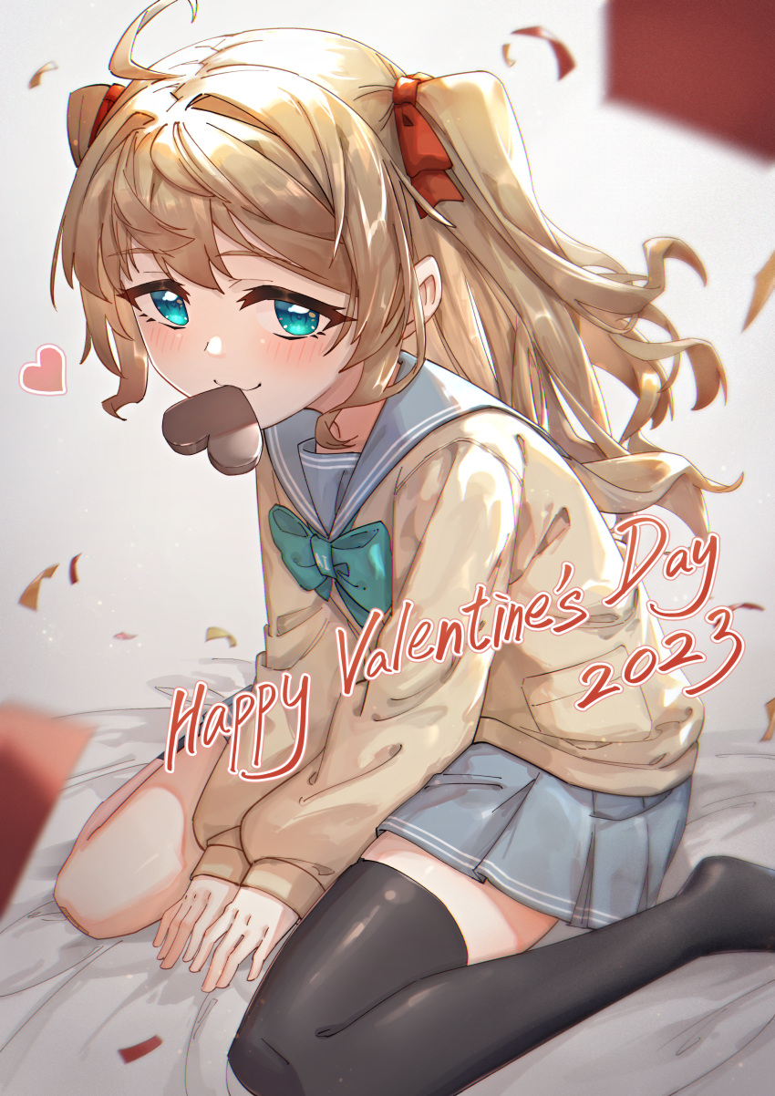 1girl absurdres ahoge bandaid bandaid_on_knee bandaid_on_leg black_socks black_thighhighs blue_eyes blue_sailor_collar blue_skirt blush bow bowtie candy cardigan chinese_commentary chocolate confetti english_commentary english_text food food_in_mouth green_bow green_bowtie hair_bow happy_valentine heart heart-shaped_chocolate highres indie_virtual_youtuber kneehighs light_brown_hair long_hair long_sleeves looking_at_viewer mesugaki mixed-language_commentary momose_hiyori mouth_hold neuro-sama pleated_skirt red_bow rune_(dualhart) sailor_collar school_uniform serafuku sidelocks single_kneehigh single_sock single_thighhigh sitting skirt smile socks thighhighs two_side_up valentine virtual_youtuber wariza yellow_cardigan