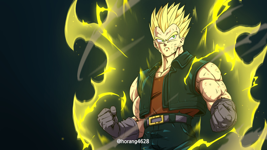 1boy absurdres aura belt blonde_hair bruise bruise_on_face clenched_hands color_banding commentary dragon_ball dragon_ball_gt frown furrowed_brow gloves green_eyes grey_gloves highres horang4628 injury korean_commentary male_focus muscular muscular_male solo spiked_hair super_saiyan super_saiyan_1 twitter_username upper_body vegeta vest widow's_peak