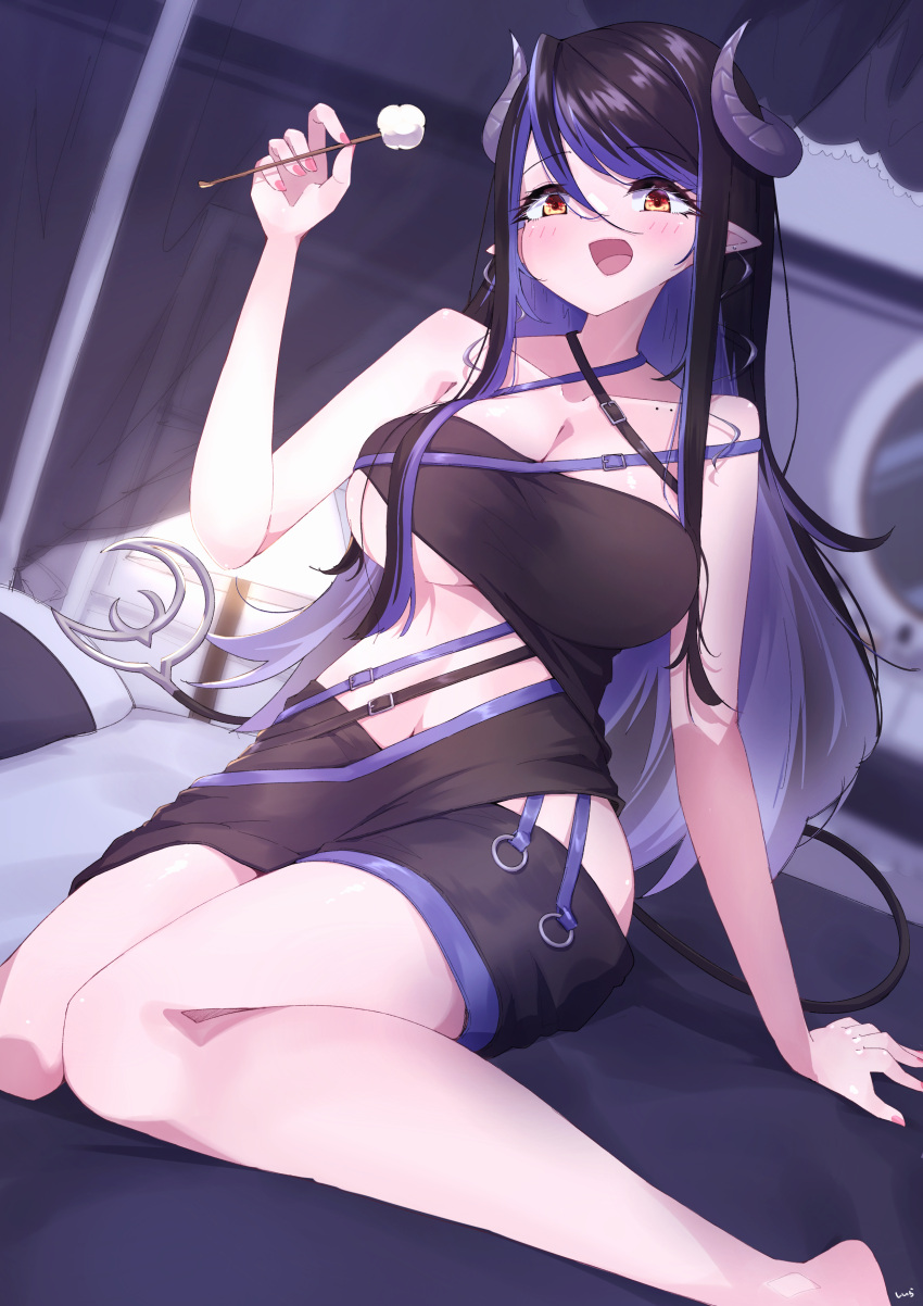1girl 774_inc. :d absurdres bangs barefoot bed belt black_bandeau black_belt black_hair black_skirt blue_belt blue_hair blush breasts brown_eyes carmi11la chest_belt cleavage collarbone commentary_request curled_horns demon_girl demon_horns demon_tail full_body grey_horns hair_between_eyes hebiyoi_tier highres hip_vent holding horns large_breasts long_hair looking_at_viewer mimikaki multicolored_hair nail_polish navel no_jacket open_mouth pink_nails pointy_ears sidelocks sitting skirt smile snake_bite solo sugar_lyric tail two-tone_hair underboob virtual_youtuber