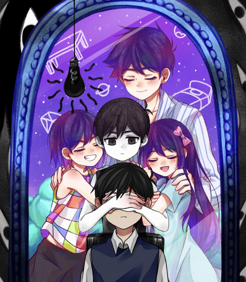 1girl 4boys :d aubrey_(omori) bangs bare_shoulders bed black_eyes black_hair black_shirt black_vest blue_dress blue_shirt blush bow closed_eyes closed_mouth collarbone collared_shirt commentary_request covering_another's_eyes dress expressionless frown gem gem_(symbol) grin hair_between_eyes hair_bow hero_(omori) highres hug kel_(omori) light_bulb linglanjunying long_hair long_sleeves mirror multicolored_clothes multicolored_shirt multiple_boys omori omori_(omori) open_mouth pajamas pale_skin pink_bow planet purple_hair shirt short_hair short_sleeves sitting sleeveless sleeveless_shirt smile standing striped striped_shirt sunny_(omori) table tank_top teeth vest white_shirt wing_collar