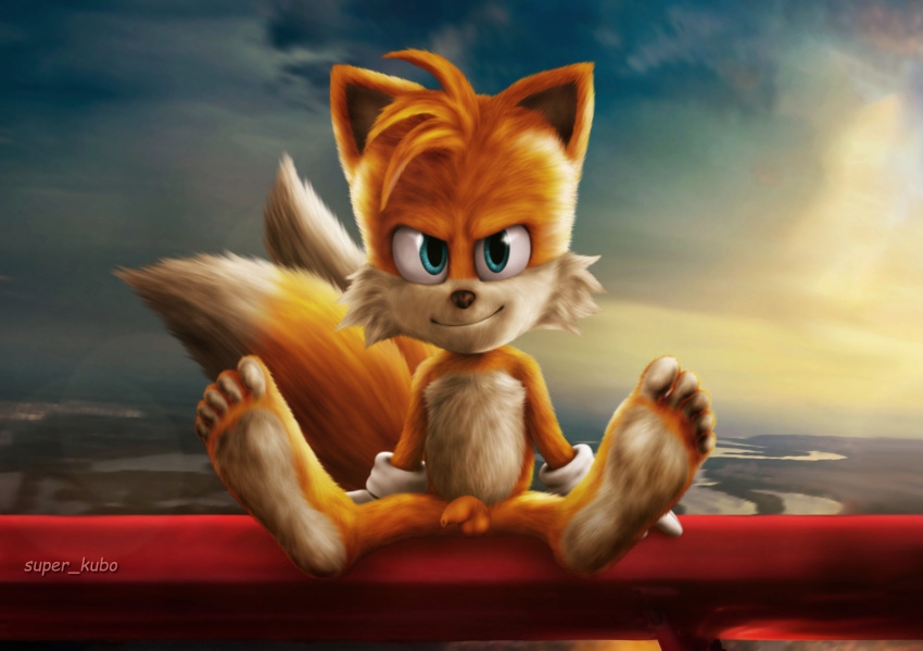 aircraft anthro balls barefoot canid canine clothing digital_media_(artwork) feet flaccid foot_fetish foot_focus foreskin fox fur genitals gloves handwear hi_res humanoid_feet humanoid_genitalia humanoid_penis looking_at_viewer male mammal miles_prower on_airplane penis plantigrade sega sitting smile solo sonic_the_hedgehog_(film) sonic_the_hedgehog_(series) spread_legs spreading super_kubo toes