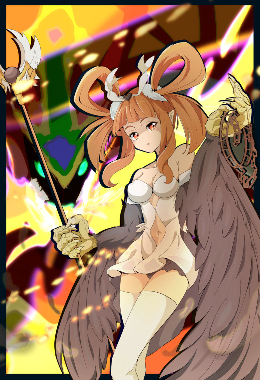 1girl bangs bare_shoulders black_wings blunt_bangs breasts claws cleavage collar commentary_request duel_monster feathered_wings feathers hair_rings harpie's_pet_dragon harpie_channeler harpy highres holding holding_collar holding_staff long_hair looking_at_viewer medium_breasts monster_girl navel orange_eyes orange_hair pointy_ears ryouseirui solo staff thighhighs twintails white_thighhighs winged_arms wings yu-gi-oh! zettai_ryouiki