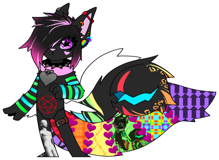 2020 3d_(artwork) absurd_res alpha_channel alternate_form ambiguous_gender andromorph_(lore) anthro black_cat_(character) black_hair butt_wings civildog collar collar_tag digital_media_(artwork) domestic_cat ear_piercing ear_ring featureless_crotch featureless_feet felid feline felis front_view full-length_portrait gauged_ear hair hair_over_eye heart_(marking) heart_cheeks heart_collar_tag hi_res highlights_(coloring) hybrid industrial_piercing inverted_pentacle leopard_spots long_tail looking_at_viewer mammal meta mixed_media multi_tail one_eye_obstructed open_mouth open_smile original_character_do_not_steal oversized_collar pentacle piercing pink_collar pink_highlights portrait pride_color_piercing purple_eyes recursion ring_piercing simple_background smile solo sparklecat spiked_collar spikes spots standing star_pupils striped_arms tail tail_mouth thigh_strap transparent_background unusual_anatomy unusual_tail why wings