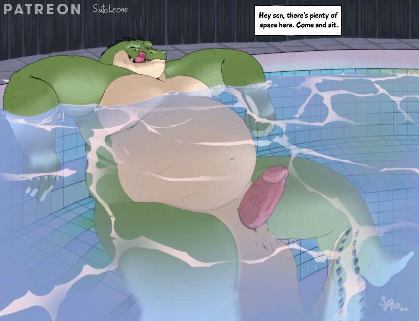 2023 absurd_res alligator alligatorid anthro anus belly big_belly crocodilian detailed_background english_text erection genitals green_body hi_res male moobs overweight overweight_male penis reptile sato_afroleone scalie slit solo swimming_pool text tongue tongue_out water