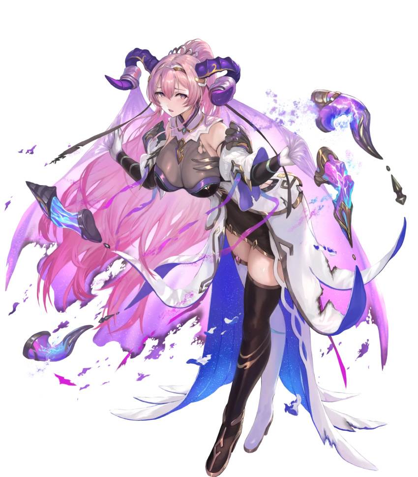 1girl bangs boots breasts curled_horns dress fire_emblem fire_emblem_heroes floating floating_object full_body gloves goat_horns gold_trim gradient_hair hair_ornament hairband high_heel_boots high_heels highres holding horns large_breasts leaning_forward long_hair multicolored_hair nerbuz_(fire_emblem) non-web_source official_art open_mouth pink_hair purple_eyes purple_hair shiny_clothes short_dress sleeveless solo thigh_boots torn_clothes torn_veil transparent_background two-tone_hair veil yoshiku_(oden-usagi) zettai_ryouiki