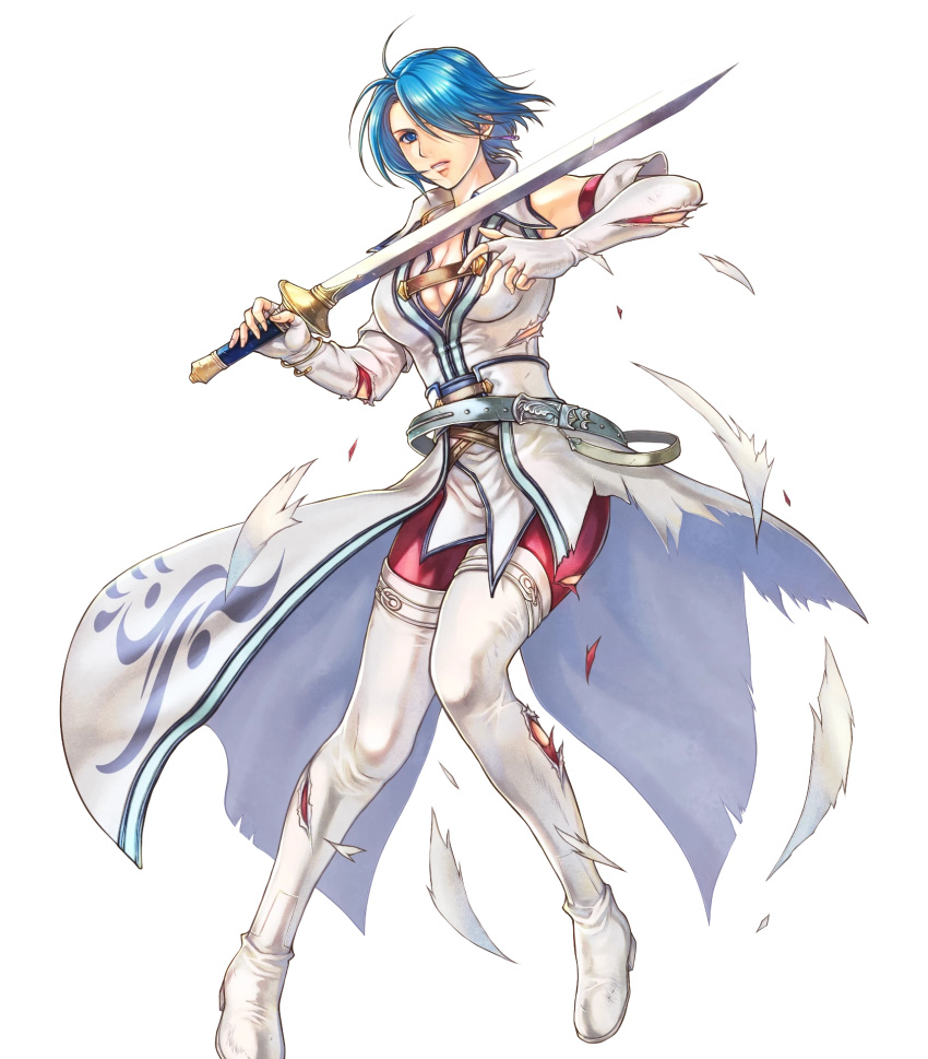 1girl blue_eyes blue_hair boots breasts elbow_gloves fingerless_gloves fire_emblem fire_emblem:_radiant_dawn fire_emblem_heroes gloves highres jewelry lucia_(fire_emblem) medium_breasts necklace non-web_source official_art short_hair solo sword takaya_tomohide thigh_boots transparent_background weapon