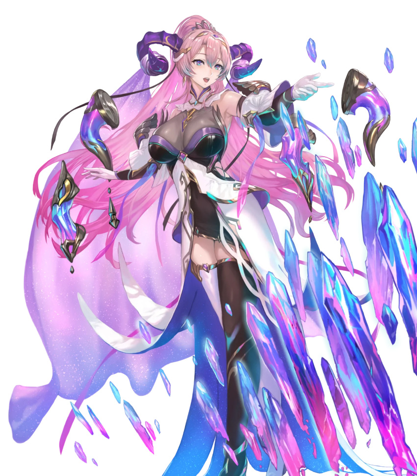 1girl bangs boots breasts crystal curled_horns dress earrings fire_emblem fire_emblem_heroes floating floating_object full_body gloves goat_horns gold_trim gradient_hair hair_ornament hairband high_ponytail highres horns jewelry large_breasts long_hair looking_away multicolored_hair nerbuz_(fire_emblem) non-web_source official_art open_mouth pink_hair ponytail purple_hair shiny_clothes short_dress sleeveless smile solo teeth thigh_boots transparent_background two-tone_hair upper_teeth_only veil yoshiku_(oden-usagi) zettai_ryouiki