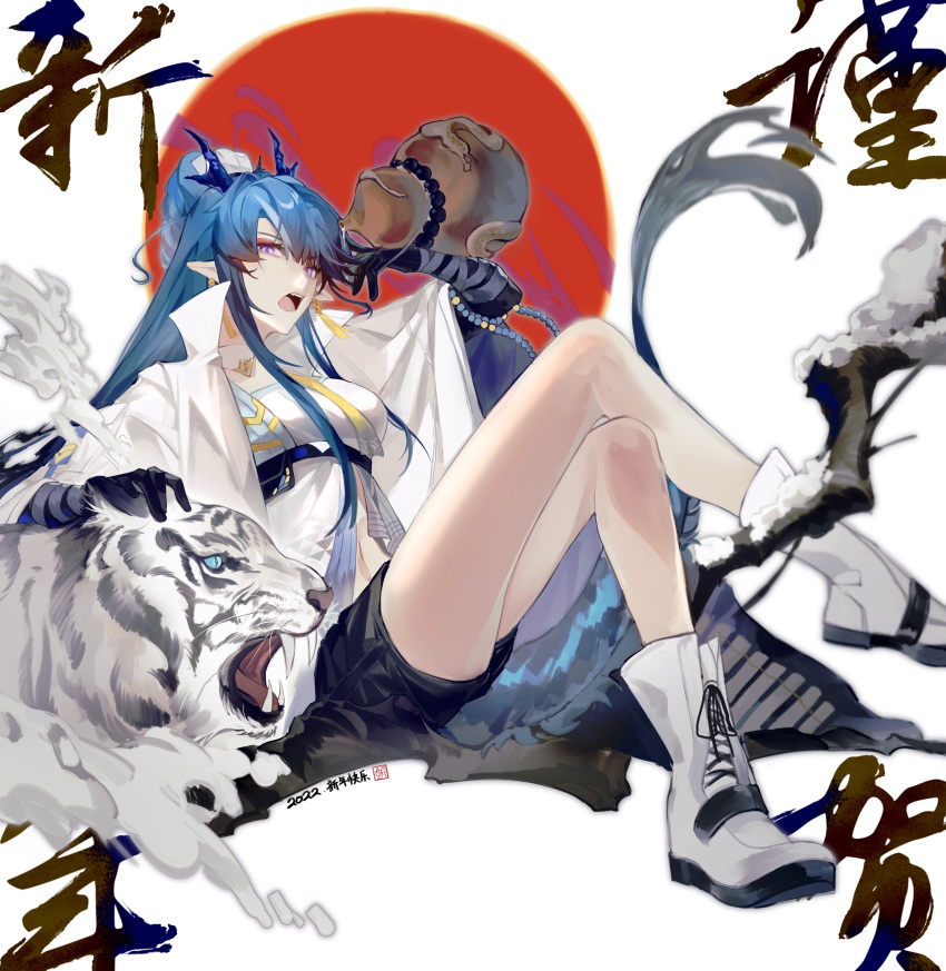 1girl 664890551 absurdres animal arknights blue_eyes blue_hair braid chinese_text coat earrings elbow_gloves fangs gloves gourd highres horns jewelry ling_(arknights) long_hair long_sleeves looking_at_viewer navel necktie open_clothes open_coat open_mouth pointy_ears sharp_teeth shorts sitting solo tail teeth tiger very_long_hair white_coat white_footwear white_tiger yellow_necktie