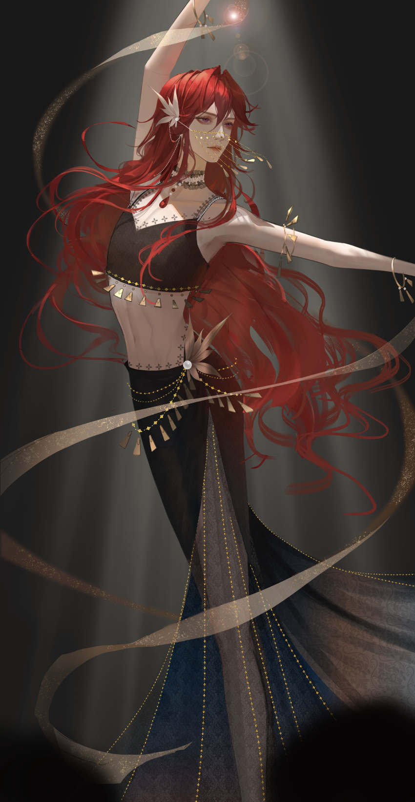 1girl absurdres baggy_pants bra bracelet breasts bustier dancing earrings harem_outfit hearts_(i_became_a_god_in_a_horror_game) highres i_became_a_god_in_a_horror_game jewelry long_hair midriff pants qingrihuanghun red_hair solo strapless tube_top underwear