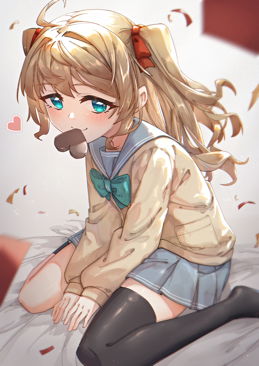 1girl absurdres ahoge bandaid bandaid_on_knee bandaid_on_leg black_socks black_thighhighs blue_eyes blue_sailor_collar blue_skirt blush bow bowtie candy cardigan chinese_commentary chocolate confetti english_commentary food food_in_mouth green_bow green_bowtie hair_bow heart heart-shaped_chocolate highres indie_virtual_youtuber kneehighs light_brown_hair long_hair long_sleeves looking_at_viewer mesugaki mixed-language_commentary momose_hiyori mouth_hold neuro-sama pleated_skirt red_bow rune_(dualhart) sailor_collar school_uniform serafuku sidelocks single_kneehigh single_sock single_thighhigh sitting skirt smile socks thighhighs two_side_up valentine virtual_youtuber wariza yellow_cardigan