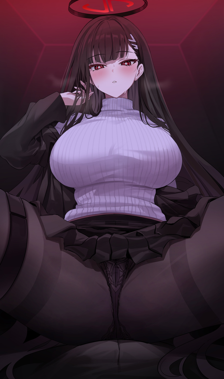 1girl absurdres black_hair black_leggings black_panties black_skirt blue_archive blush breasts girl_on_top halo hand_in_own_hair highres lace lace_panties large_breasts leggings long_hair long_sleeves looking_at_viewer mechanical_halo miniskirt panties pantyhose pleated_skirt red_eyes ribbed_sweater rio_(blue_archive) skirt solo_focus spread_legs sweatdrop sweater thick_thighs thighs turtleneck turtleneck_sweater underwear upper_body very_long_hair white_sweater you_gonna_get_raped yuki_(asayuki101)