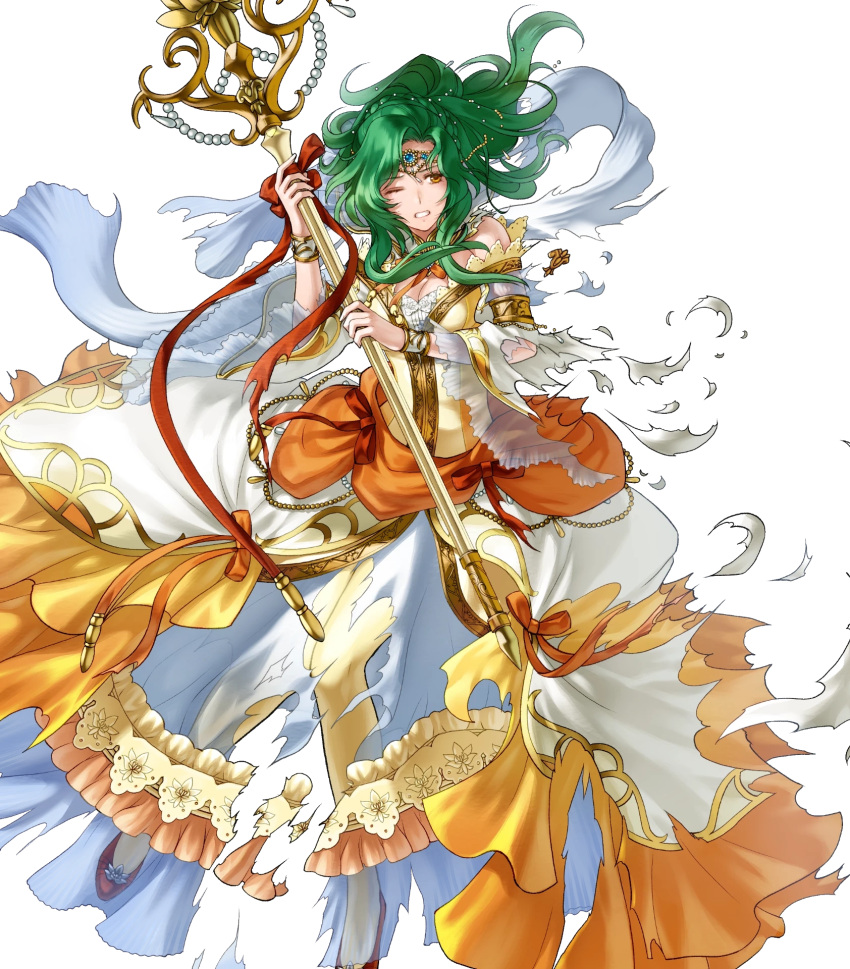 1girl bracelet breasts brown_eyes dress elincia_ridell_crimea fire_emblem fire_emblem:_radiant_dawn fire_emblem_heroes frilled_dress frills full_body gold_trim green_hair highres holding jewelry kita_senri long_dress long_sleeves non-web_source official_art puffy_sleeves see-through solo staff tiara transparent_background