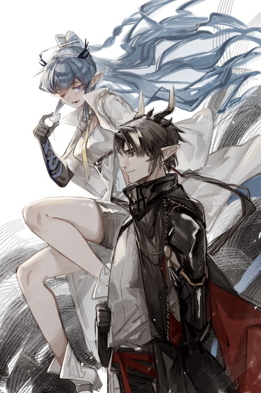 1boy 1girl absurdres arknights blue_eyes blue_hair braid brother_and_sister brown_hair chinese_clothes chong_yue_(arknights) coat cybergamo earrings elbow_gloves gloves highres horns jewelry ling_(arknights) long_hair long_sleeves looking_at_viewer looking_down low-tied_long_hair necktie one_eye_closed pants pointy_ears shorts siblings smile tail very_long_hair white_coat white_footwear white_pants yellow_necktie