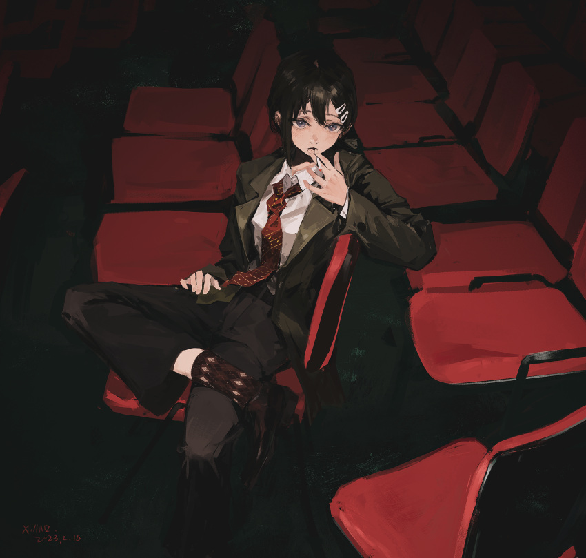1girl black_hair black_jacket black_pants chainsaw_man chair cigarette collared_shirt formal grey_eyes hair_ornament hairclip higashiyama_kobeni highres holding holding_cigarette indoors jacket loafers necktie on_chair pants red_necktie shirt shoes short_hair side_ponytail single_sidelock sitting smoking solo suit suit_jacket white_shirt xilmo