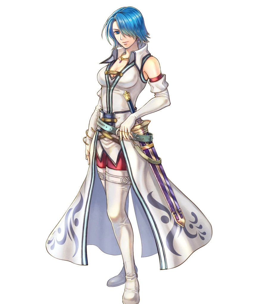 1girl blue_eyes blue_hair boots breasts elbow_gloves fingerless_gloves fire_emblem fire_emblem:_radiant_dawn fire_emblem_heroes gloves highres jewelry lucia_(fire_emblem) medium_breasts necklace non-web_source official_art short_hair solo sword takaya_tomohide thigh_boots transparent_background weapon