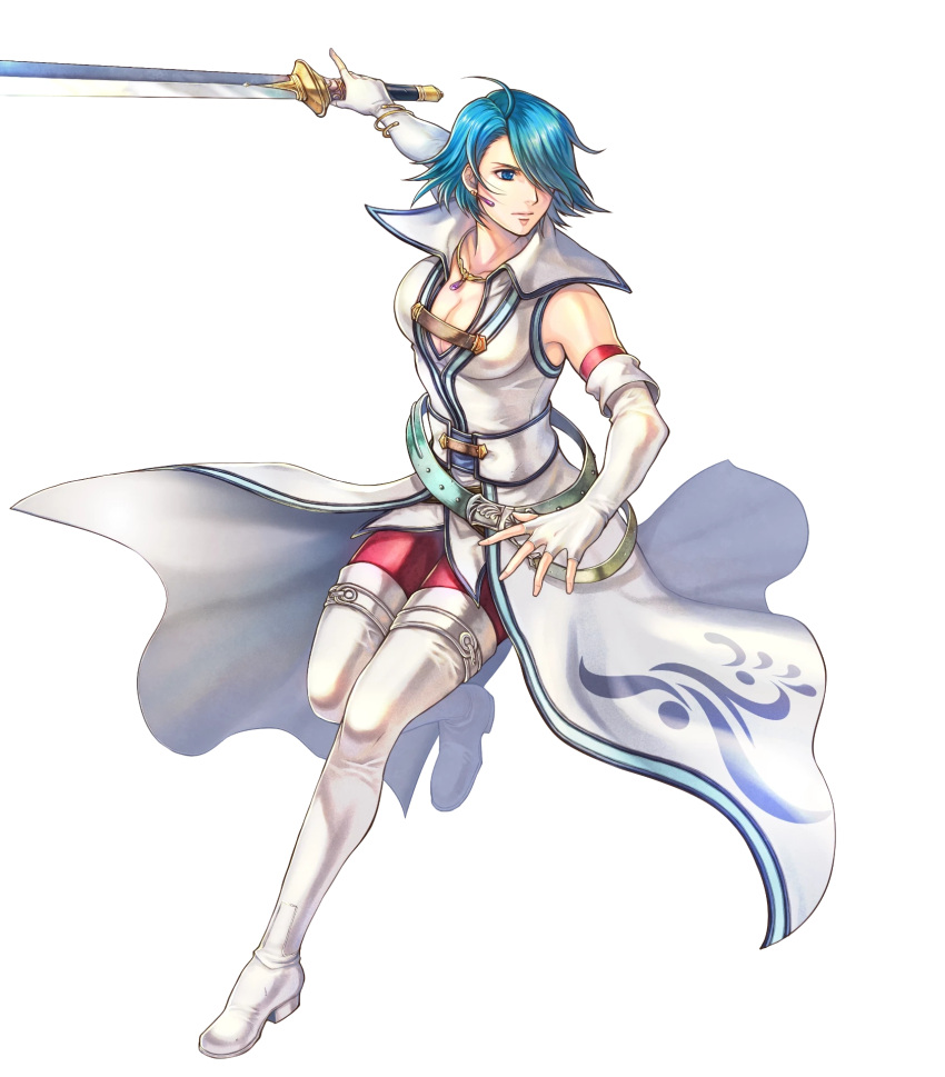 1girl blue_eyes blue_hair boots breasts elbow_gloves fingerless_gloves fire_emblem fire_emblem:_radiant_dawn fire_emblem_heroes gloves highres jewelry lucia_(fire_emblem) medium_breasts necklace non-web_source official_art short_hair solo sword takaya_tomohide thigh_boots transparent_background weapon